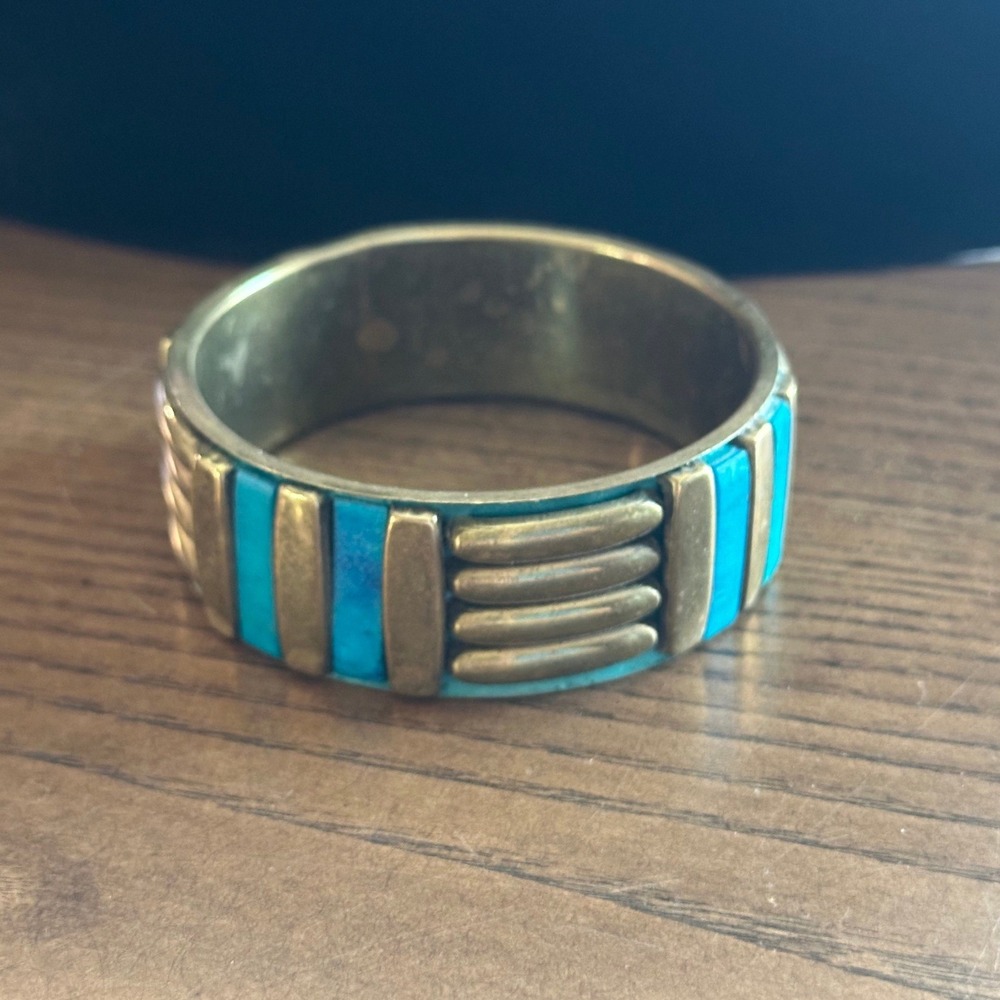 Vintage Brass Turquoise Inlay Bangle Bracelet Southwestern Boho Cuff‎ 2.5''